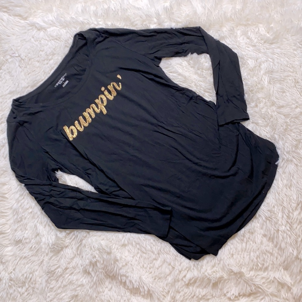 Liz Lange Maternity Bumpin’ Gold Glitter Long Sleeve Black T-Shirt Size Large